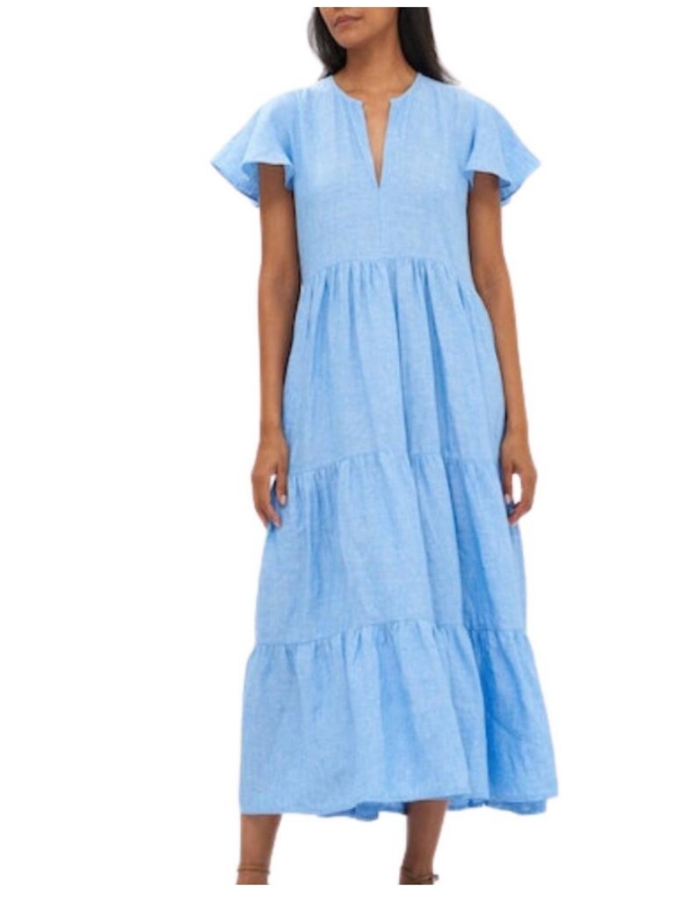 OLIPHANT v-neck linen flutter sleeve maxi dress in blue XXS
